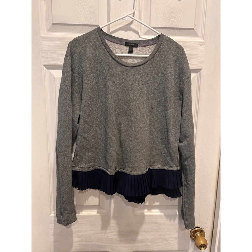 J.Crew Womens Gray Cotton Sweatshirt Navy Pleated Peplum Hem Top Large Preppy